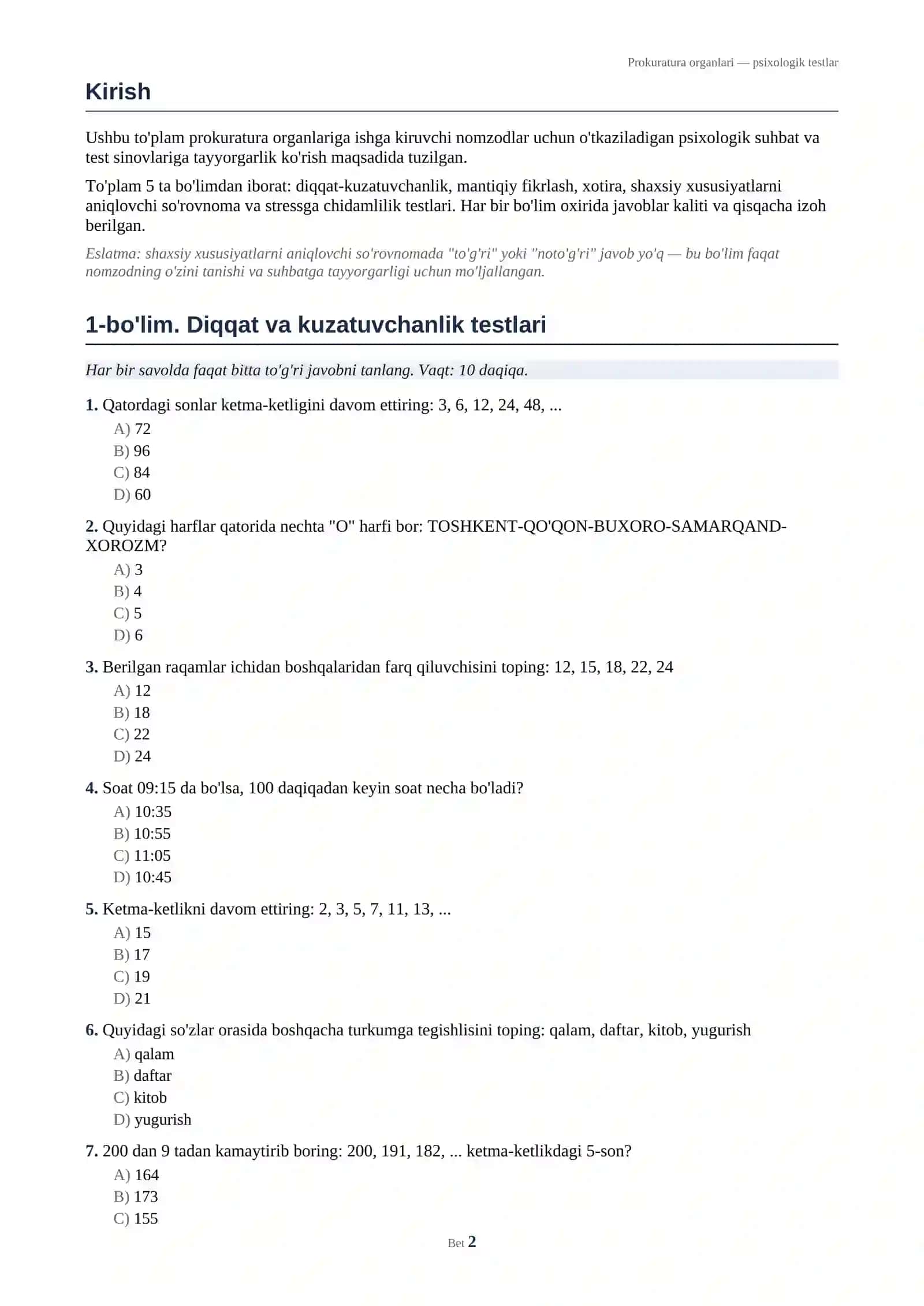 Prokuratura organlariga kiruvchilar uchun psixologik testlar to'plami (javoblari bilan) 2