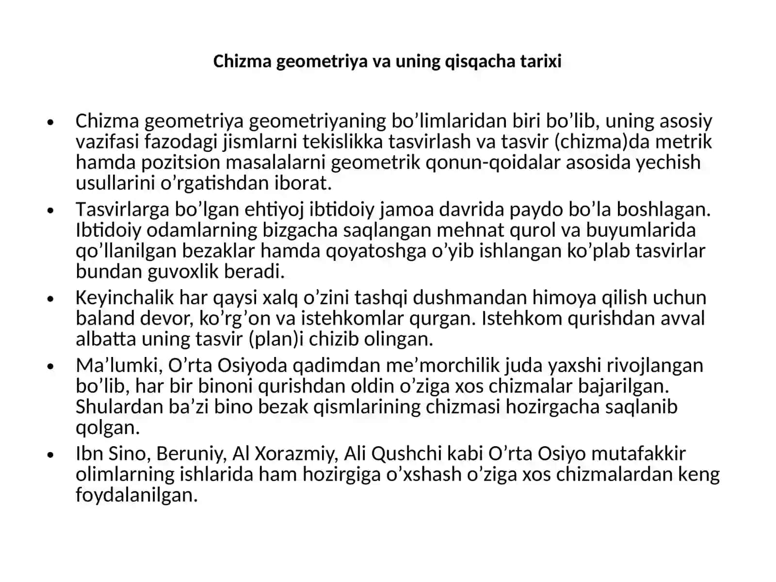 Chizma geometriya va uning vazifalari. Markaziy va parallel proyeksiyalash usullari. Parallel proyeksiyalashning asosiy xossalari. Nuqtaning fazodagi o’rnini  proyeksiyalari bo’yicha aniqlash 2
