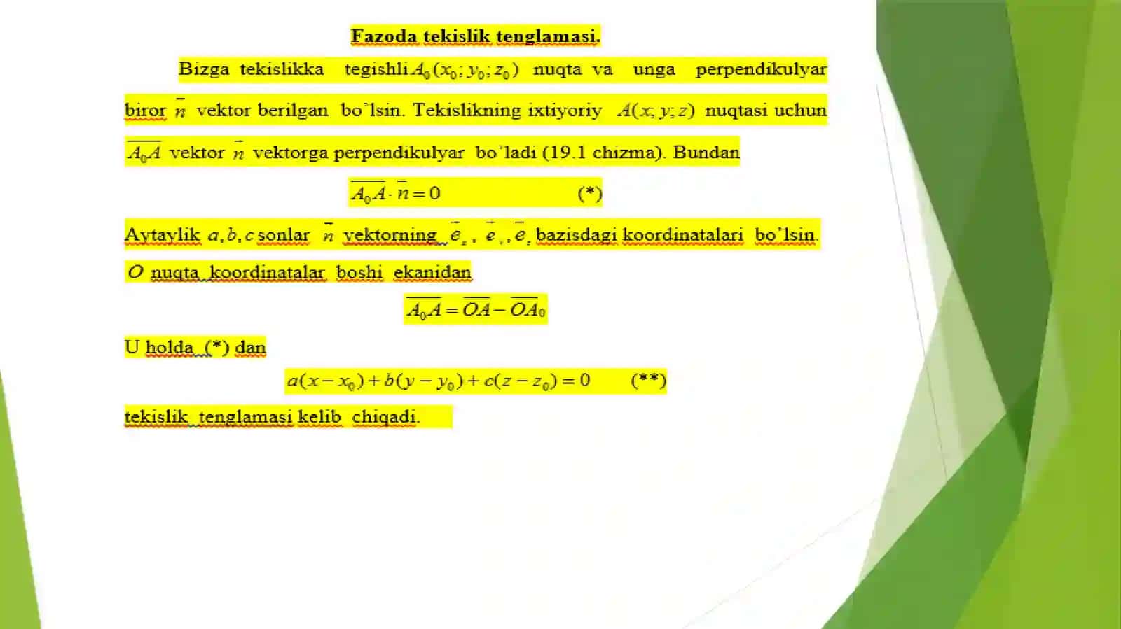 FAZODA TO’G’RI CHIZIQ VATEKISLIKTENGLAMALARI 2