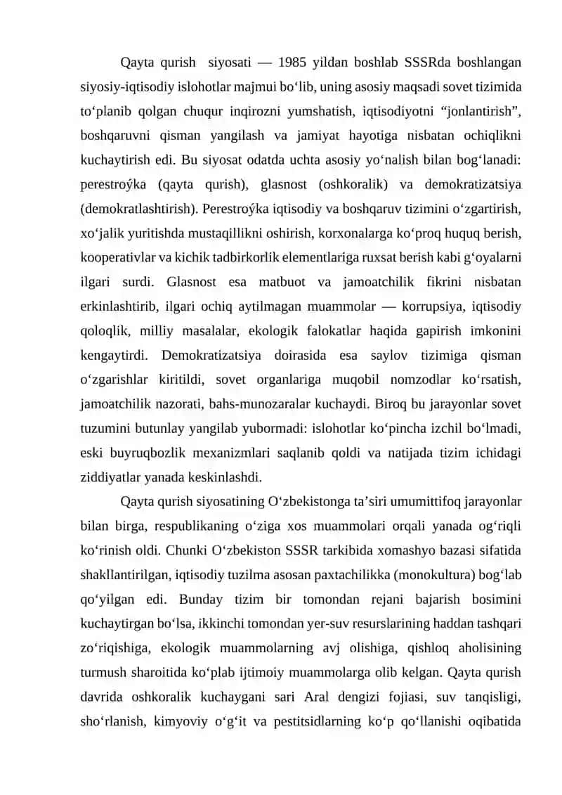 Qayta qurish yillarida O‘zbekistonning ijtimoiy-siyosiy vaziyati 2