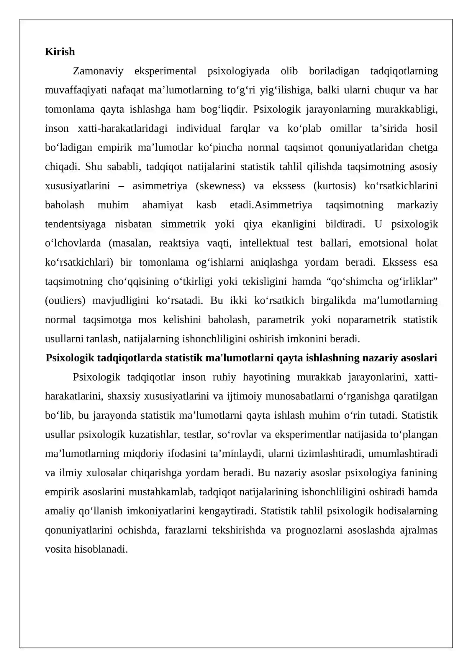 O‘tkazilgan tadqiqot natijalarini asimmetriya va ekssess bo‘yicha tahlil qilish 2