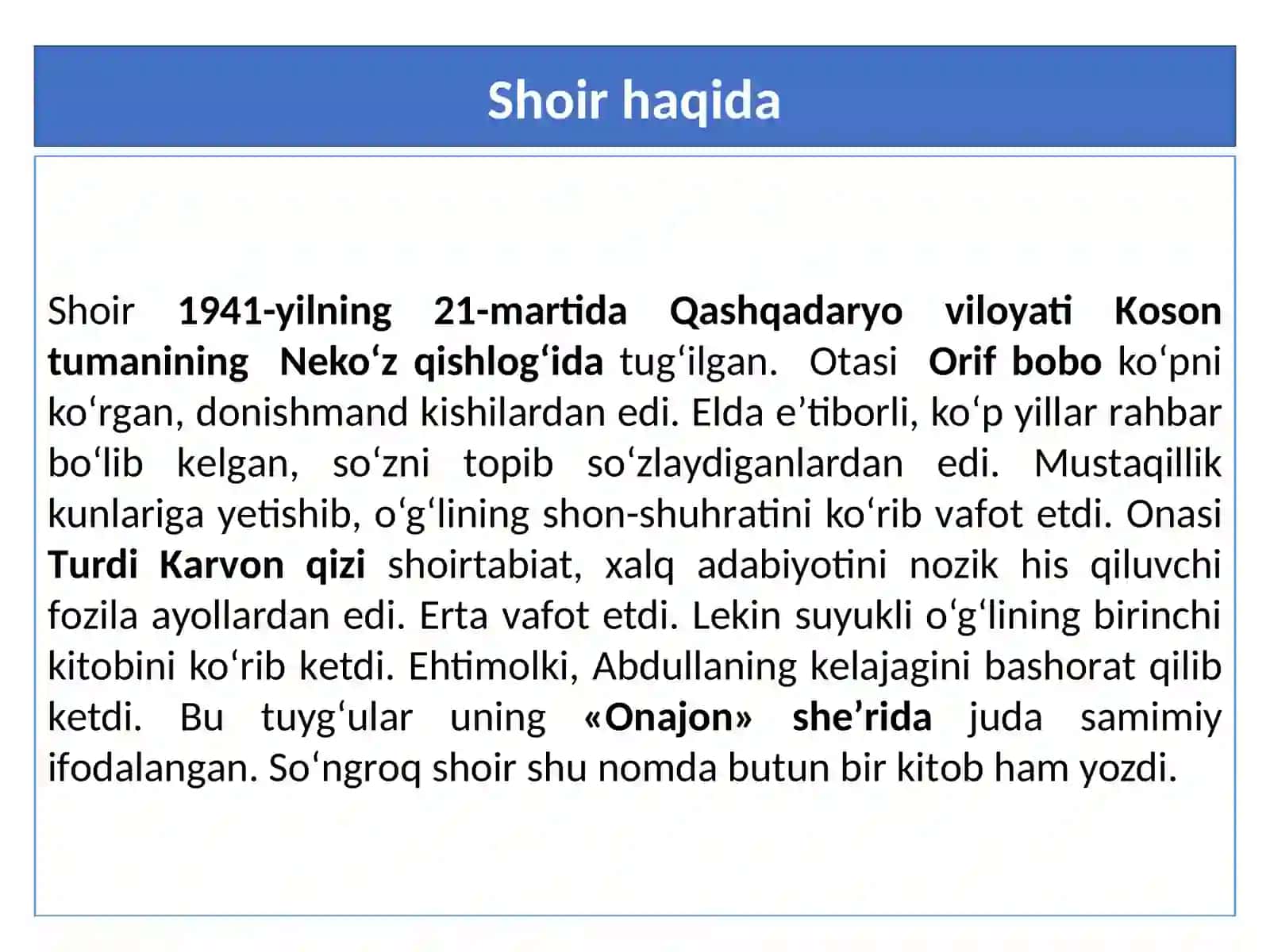 Abdulla Oripov hayoti va ijodi. “O‘zbekiston” qasidasi 2