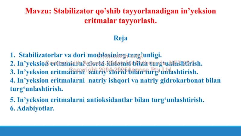 Stabilizator qo’shib tayyorlanadigan in’yeksion eritmalar tayyorlash. Taqdimot 16 bet. 2
