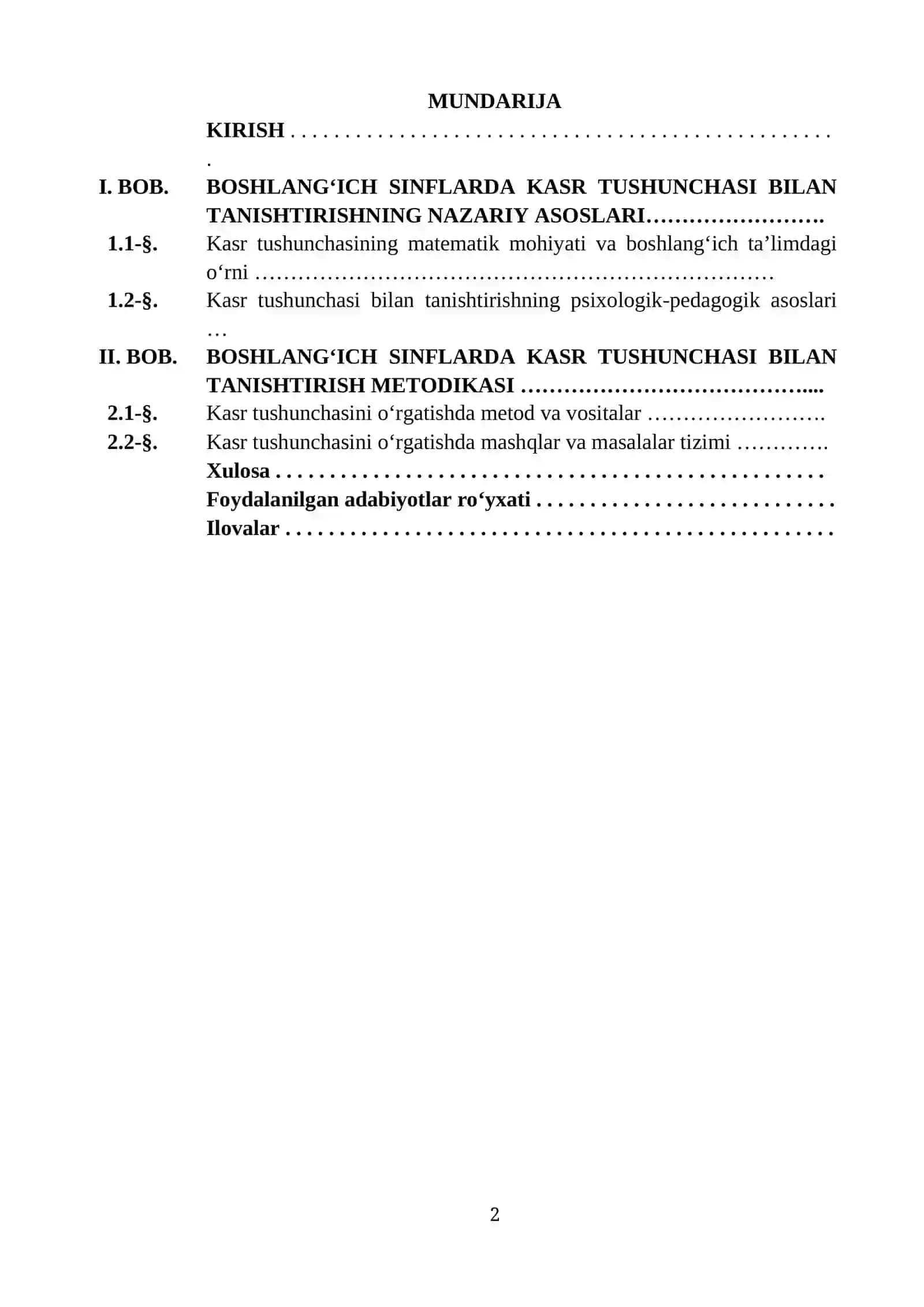 “KASR TUSHUNCHASI BILAN TANISHTIRISH METODIKASI” MAVZUSIDA TAYYORLAGAN KURS ISHI 2
