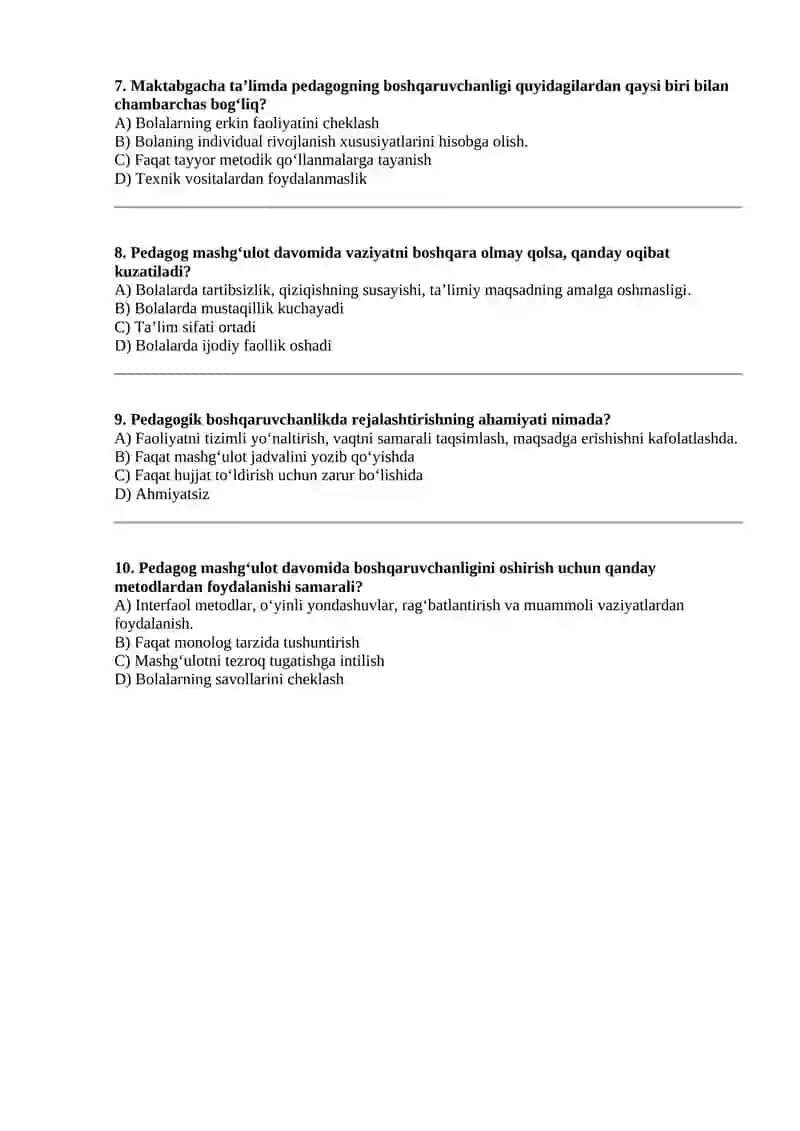 Pedagogning boshqaruvchanligi fanidan test 2