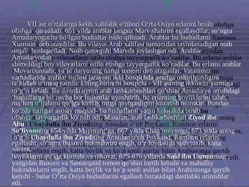 Arablar hukumronligi davrida O’rta Osiyo 2