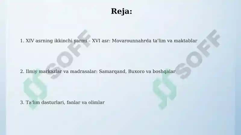Ta'lim va maktablar Movarounnahrda XIV-XVI asrlarda 2