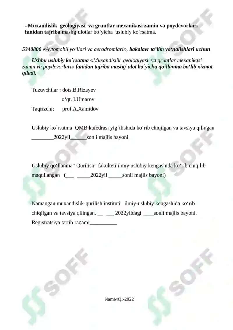 Uslubiy ko‘rsatma 5340800 «Avtomobil yo‘llari va aerodromlari» 2