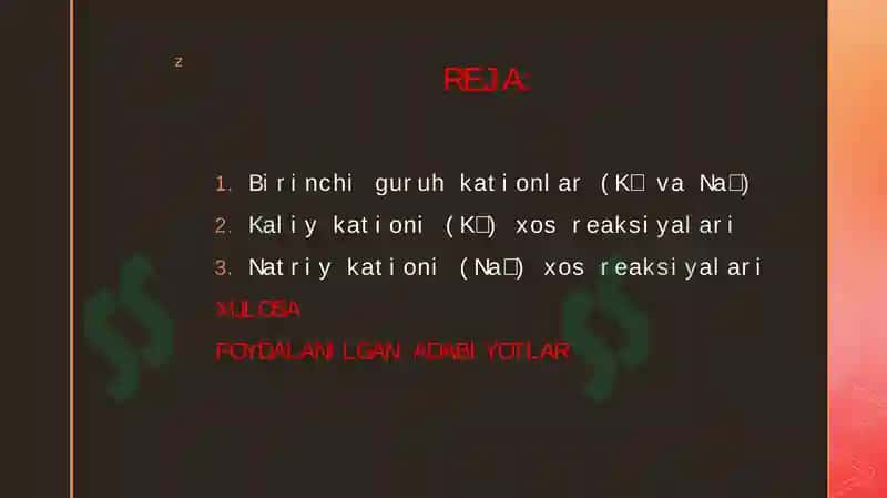 BIRINCHI GURUH KATIONLAR (K+NA+). KALIY VA NATRIY KATIONLARIGA XOS REAKSIYALAR 2