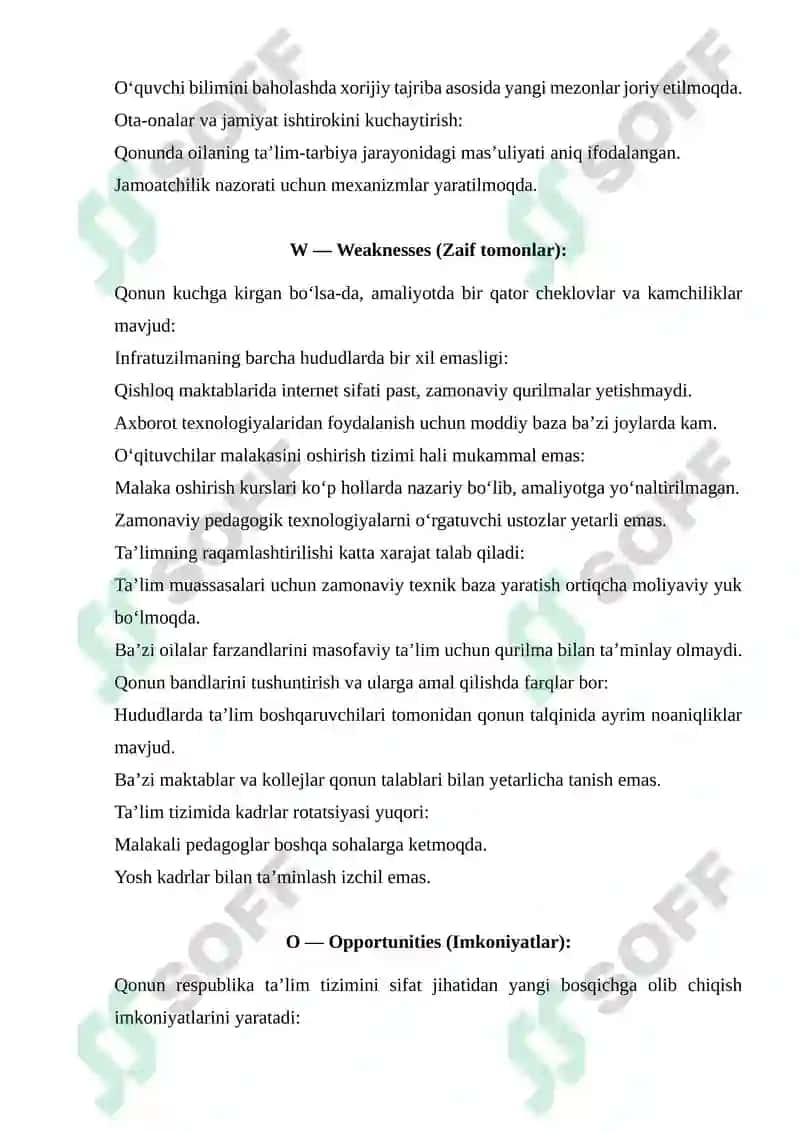 O‘zbekiston Respublikasining 2025-yil “Ta’lim to‘g‘risida”gi Qonuni SWOT tahlili 2