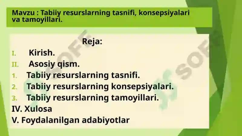 Tabiiy resurslarning tasnifi, konsepsiyalari va tamoyillari 2