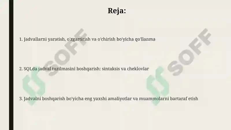 SQL tilida jadvallar yaratish, o’zgartirish va o’chirish 2
