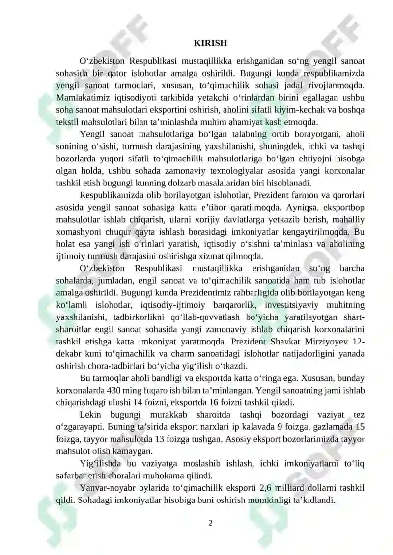 Byaz (147) assortimentidagi to‘qimachilik mahsuloti ishlab chiqarish korxonasini loyihalash 2