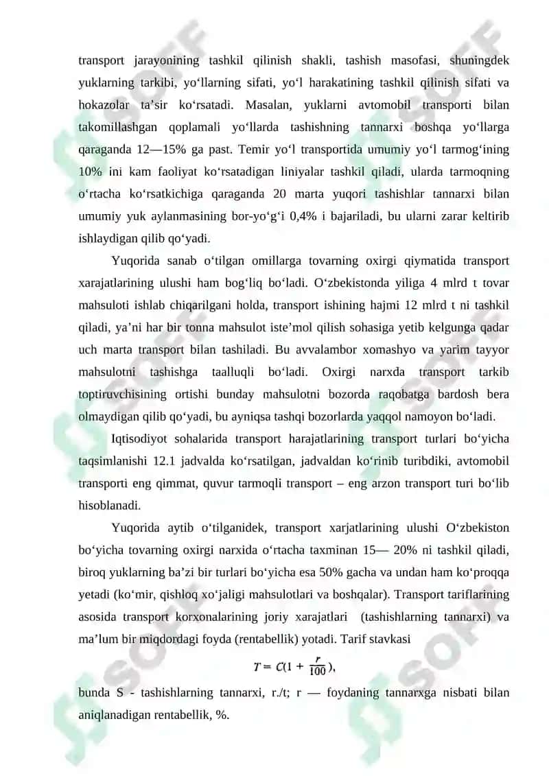 Transport Xarajatlari va Tariflari 2