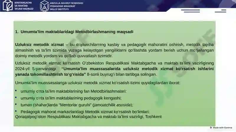 Uzluksiz metodik xizmat va metodbirlashmalar faoliyatini tashkil etish va boshqarish 2