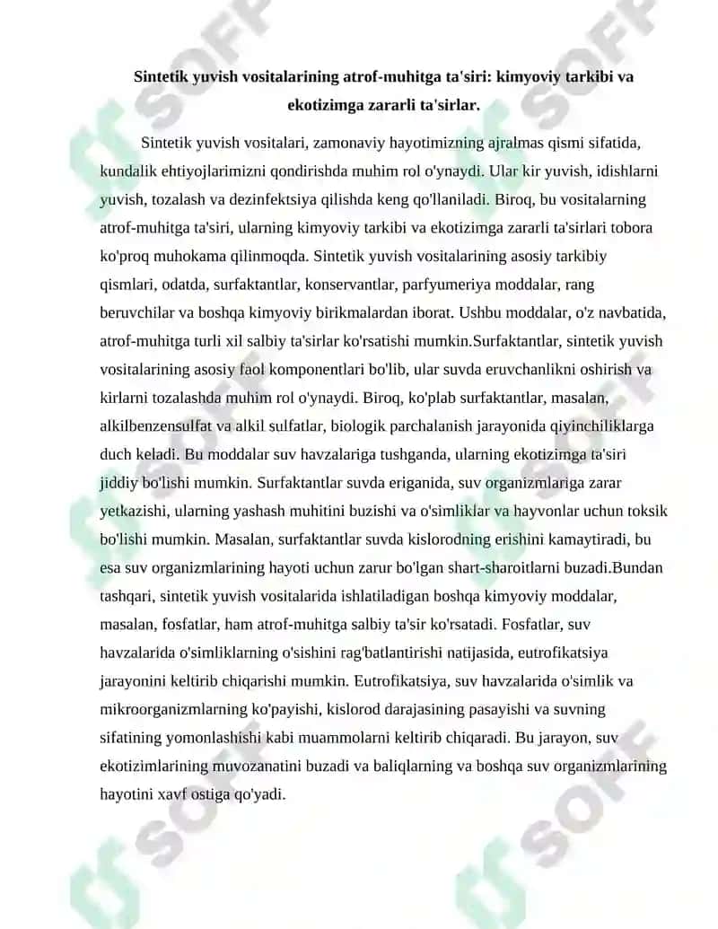 Sintetik yuvish vositalarini ishlab chiqishda ATROF-MUHITNI MUHOFAZA QILISH 2