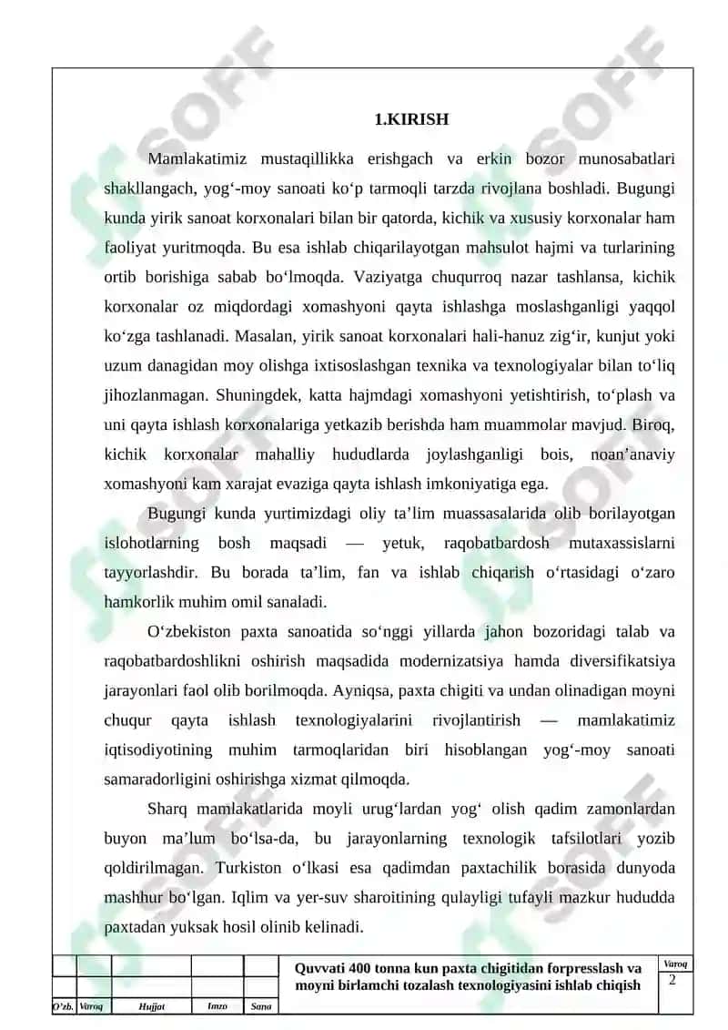 Quvati 400 tona paxta chigitidan forfreslash va moyin birlamchi tayorlash texnalogiyasi 2