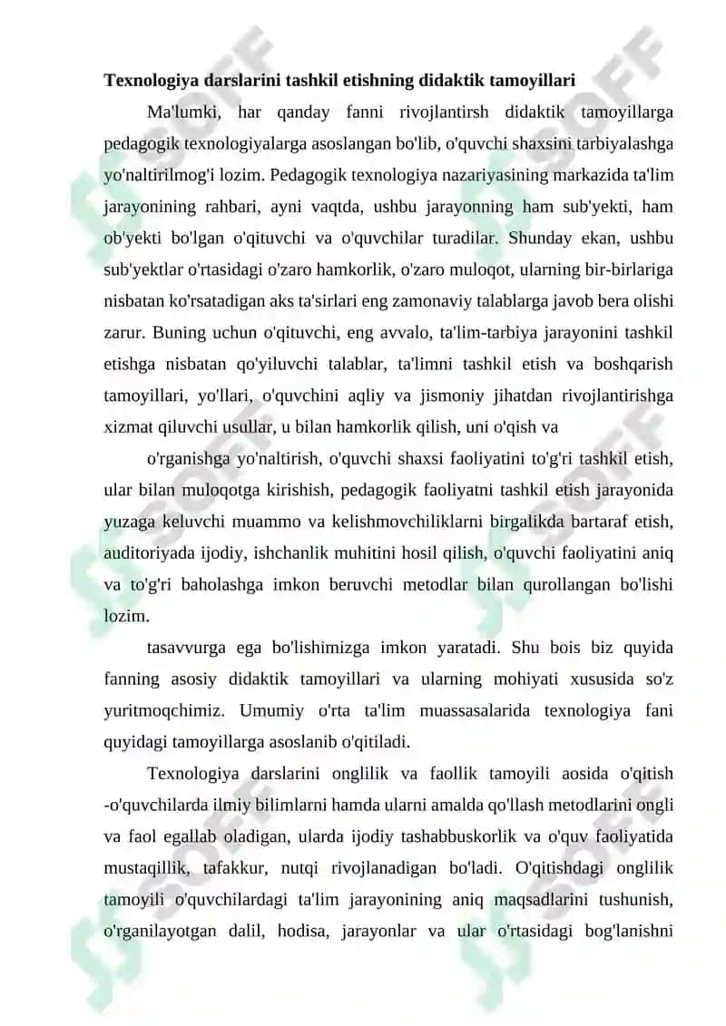 Texnologiya Fani Fanining Didaktik Tamoyillari va Ulaming Ta’limdagi O'rnini Mavzusiga Doir Dars Ishlanmasi Tayyorlash 2