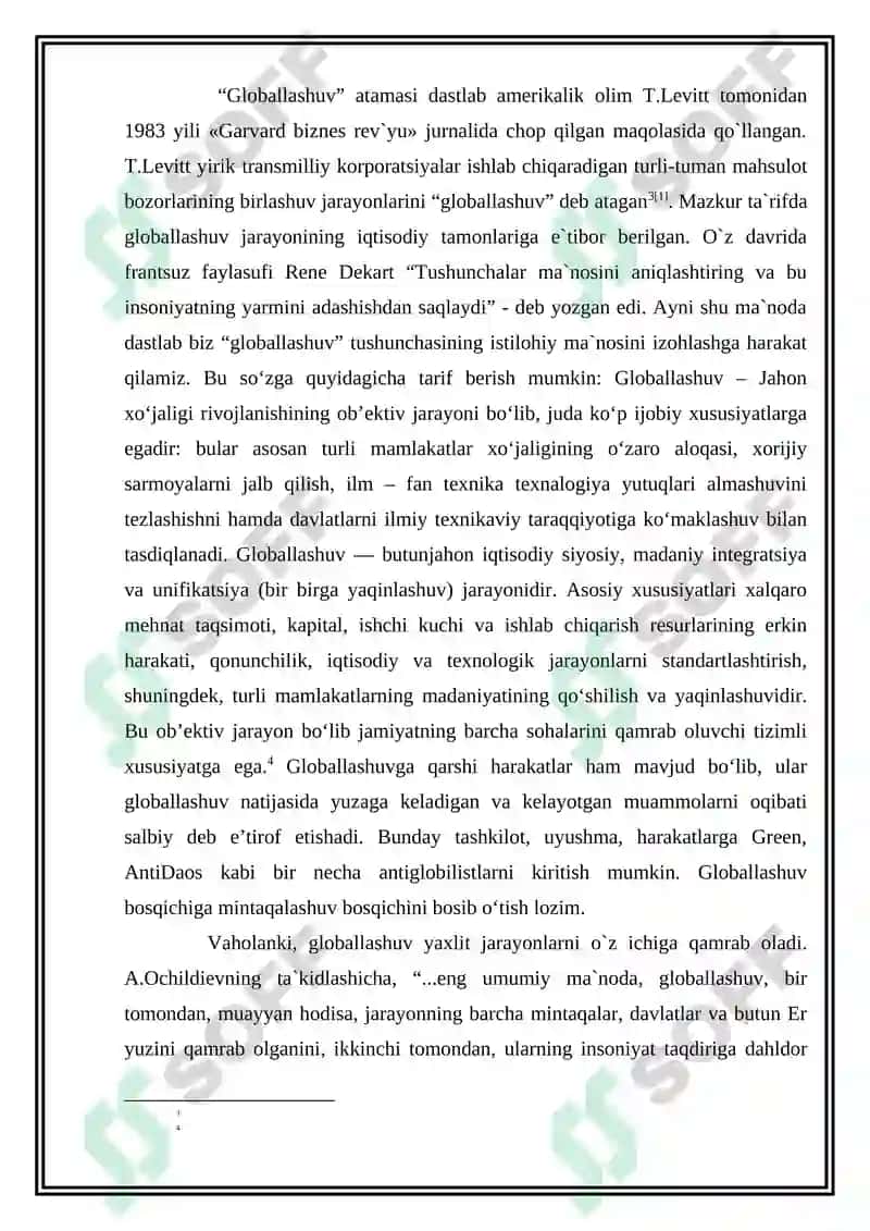 Globallashuv tushunchasi, mohiyati, jamiyat hayotida namoyon bo‘lish xususiyatlari. Globallashuvning nazariy asoslari 2