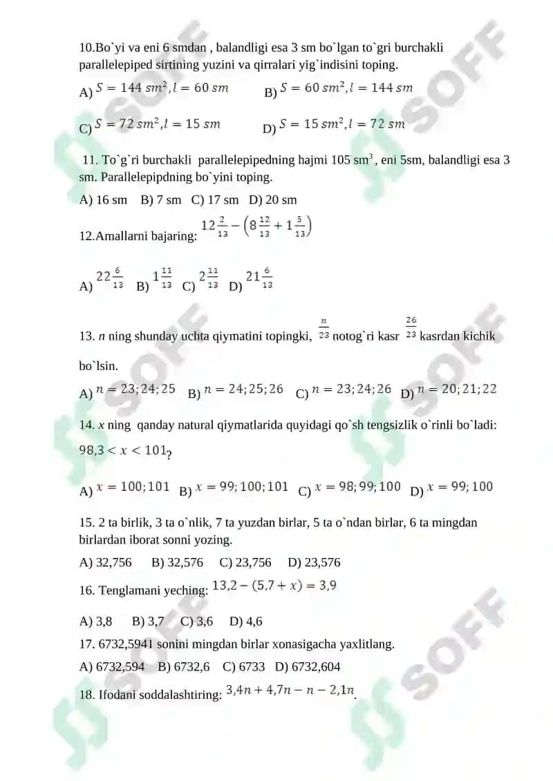 5-6-7-8-sinf MATEMATIKA TESTLAR to’plami 2