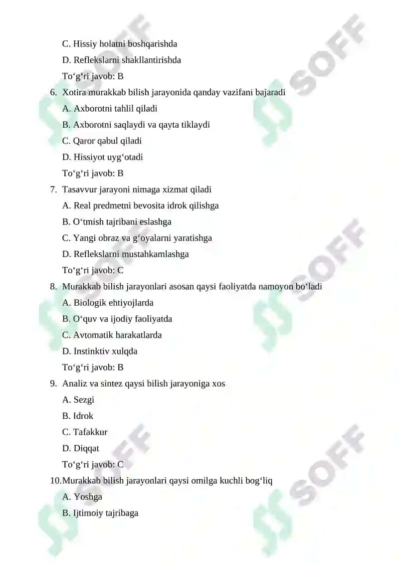 Murakkab bilish jarayoni bo‘yicha test savollari 2