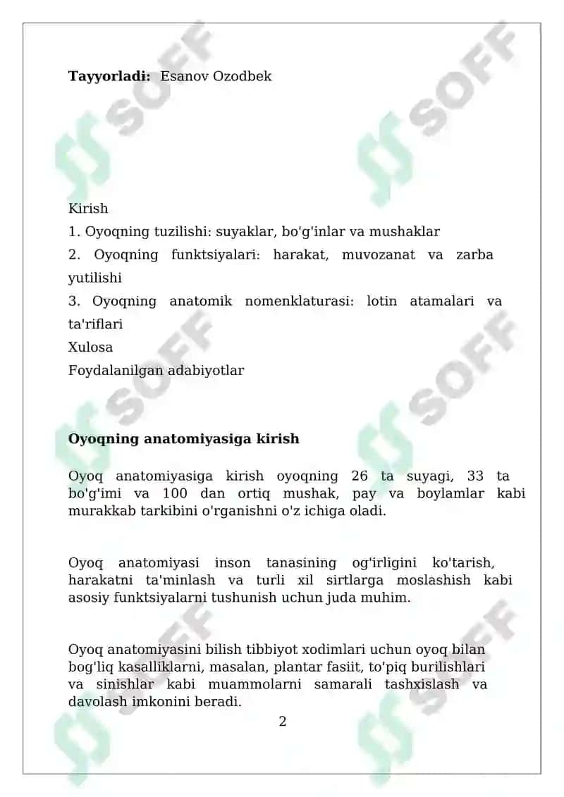 Anatomiya fanidan oyoq va uning tuzilishi vazifalari va lotincha nomlanishi 2