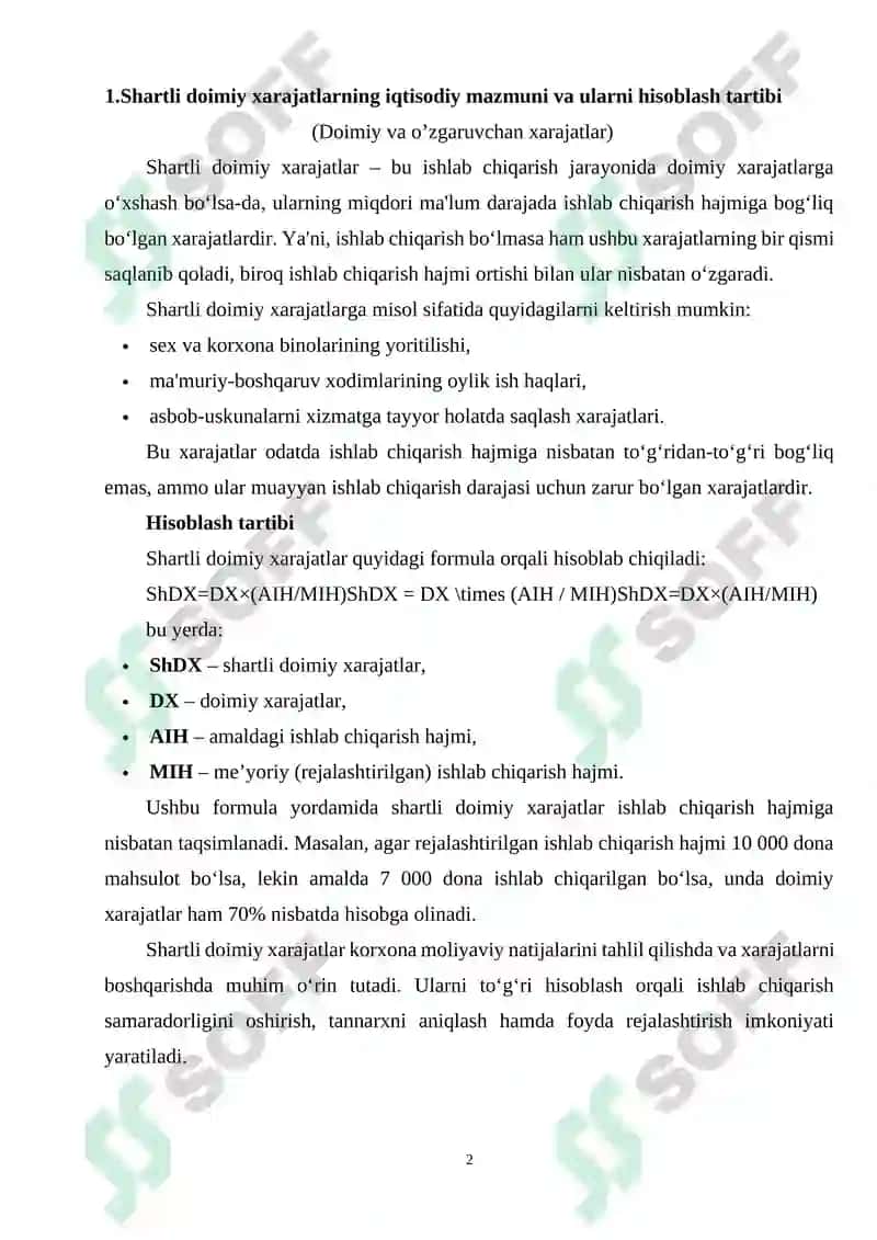Shartli doimiy hamda yarim o‘zgaruvchan xarajatlar hisobi 2