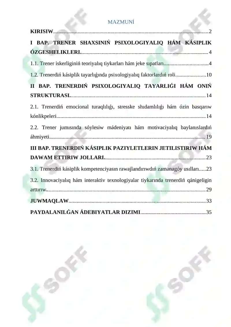 Trenerdiń psixologiyaliq tayarliǵi hám kásiplik pazıyletleri 2