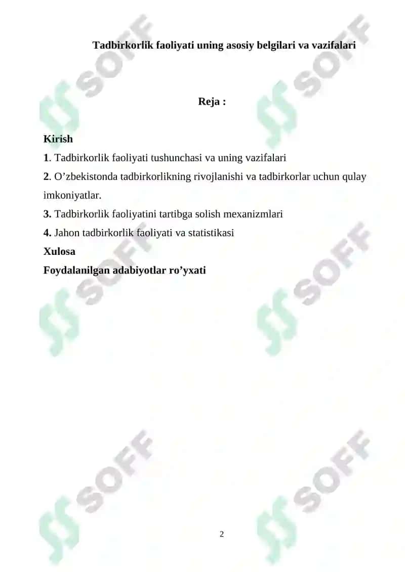 Tadbirkorlik faoliyati uning asosiy belgilari va vazifalari 2