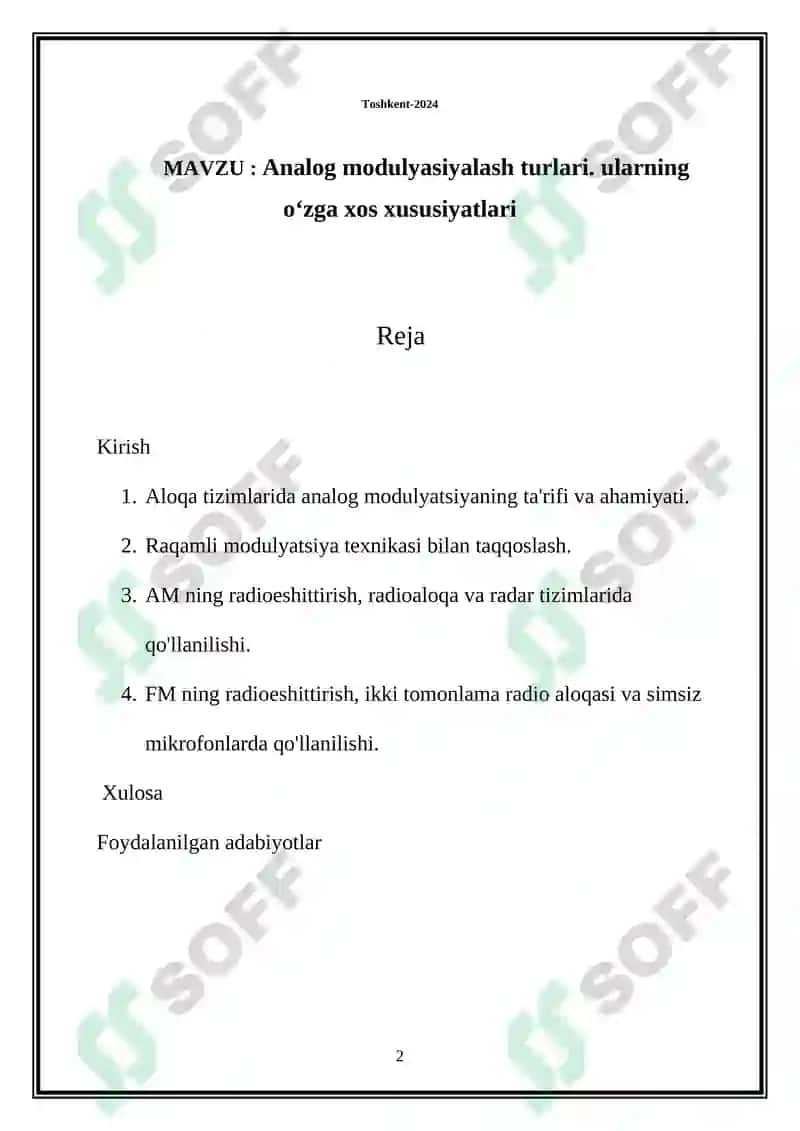 Analog modulyasiyalash turlari. ularning oʻzga xos xususiyatlari 2