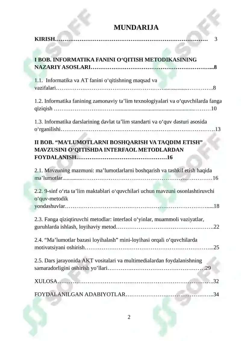 Umumiy o’rta ta’lim maktablarining 9-sinfida Informatika va AT fanidan “Ma’lumotlar bazasi tuzilmasini yaratish. Ma’lumotlarni boshqarish va taqdim etish” mavzusini o‘qitishda interfaol metodlardan foydalanish 2