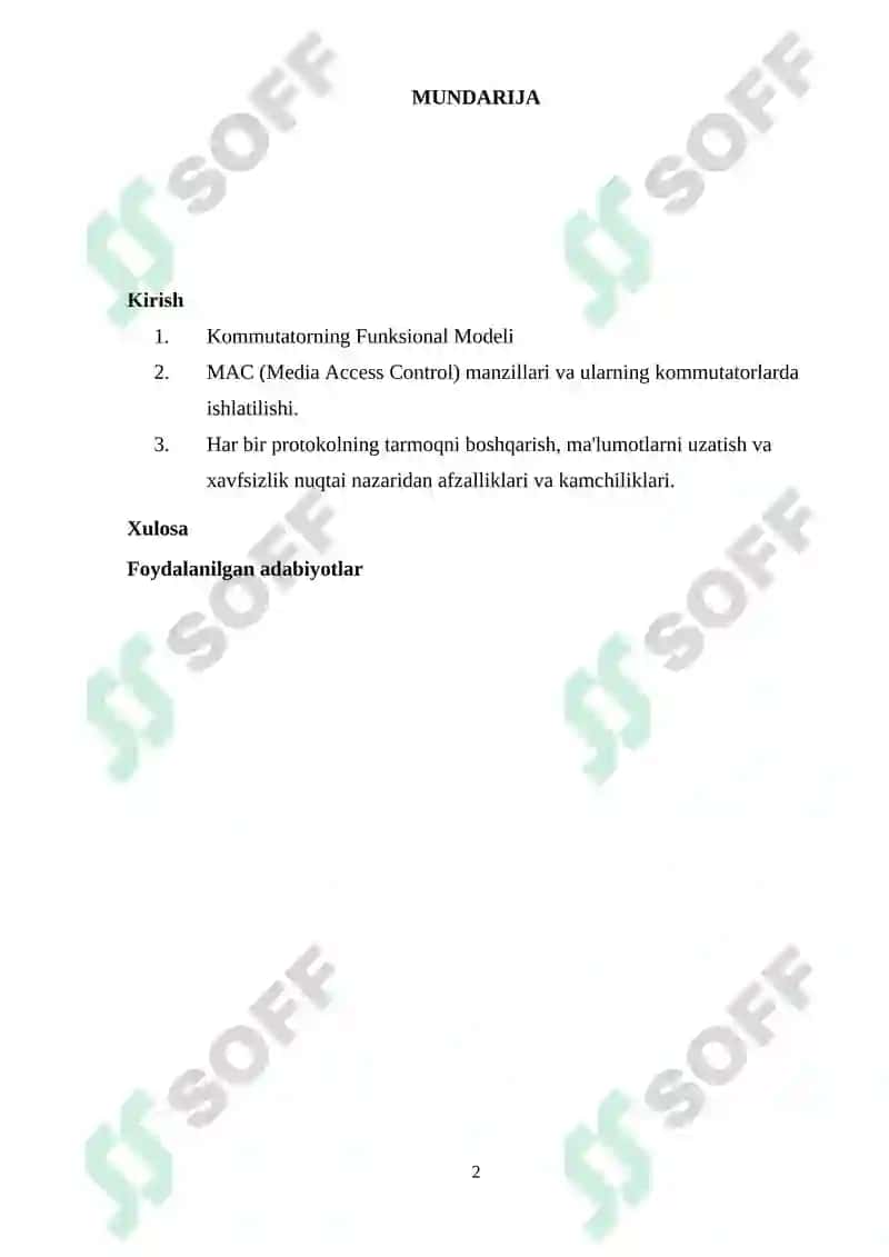Kanal pog‘onasining protokollari (Frame Relay, ATM, Ethernet). Kommutatorning funksional modeli, turlari va MAC-jadvalning ishlash tamoyillari 2