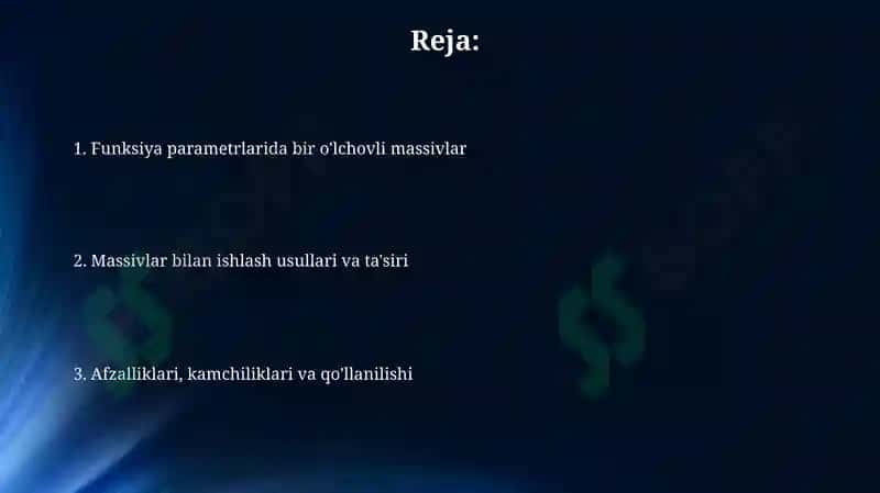 Bir o'lchovli massivlarni funksiya parametrlari sifatida qo'llanilishi 2