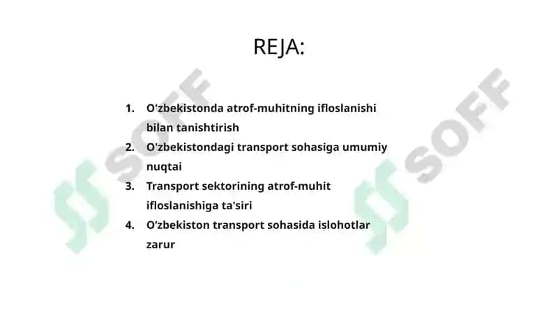 O'zbekistonda atrof muhit ifloslanishida transport soxasi ulushini kamaytirishda amalga oshirilayotgan islohotlar 2