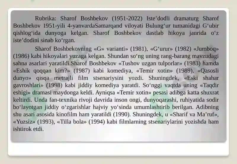 Sharof Boshbekovning dramalari 2