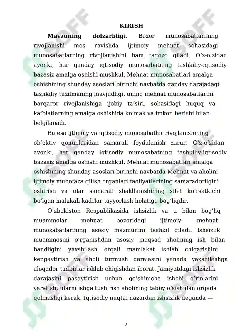O'ZBEKISTON RESPUBLIKASIDA MEHNAT BOZORINING SHAKLLANISHI VA ISHSIZLIKNI O'ZIGA XOS XUSUSIYATLARI 2