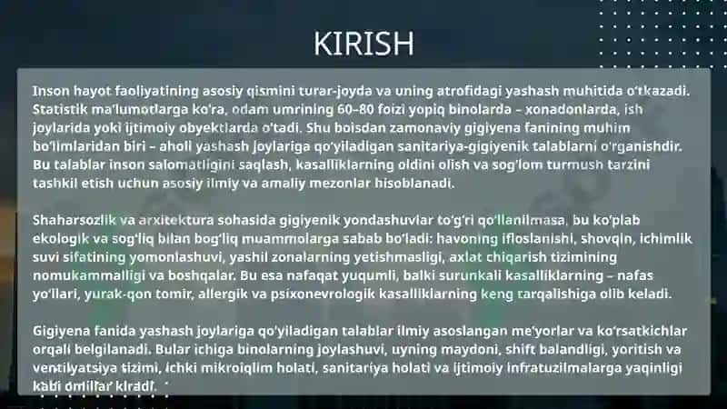 Zamonaviy turar-joylar va shaharlardagi yashash mavzelariga bo'lgan gigiyenik talablar 2
