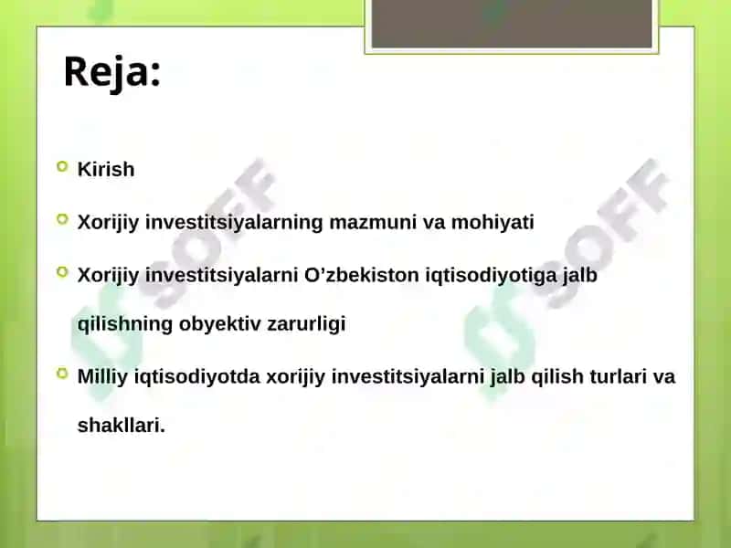 Xorijiy investitsiyalar va ularning O'zbekistonda jalb qilinishi 2