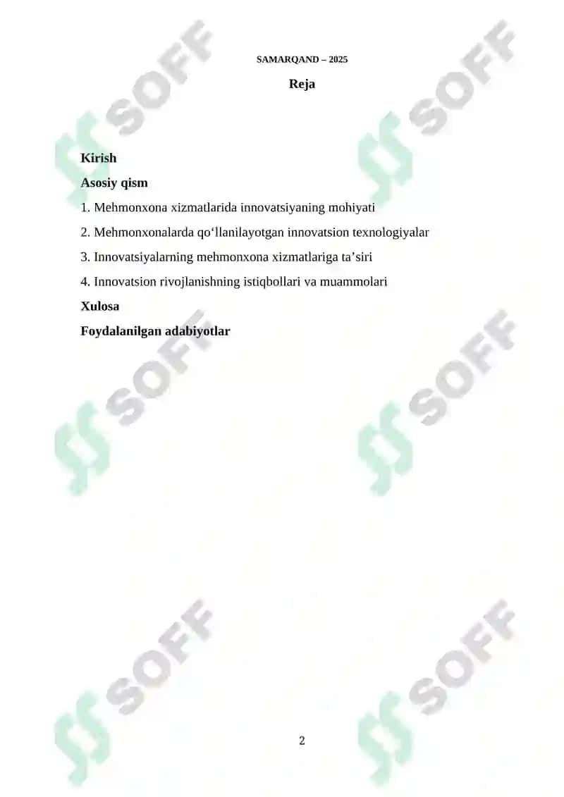 Mehmonxona xizmatlarini innovatsion rivojlanishi 2