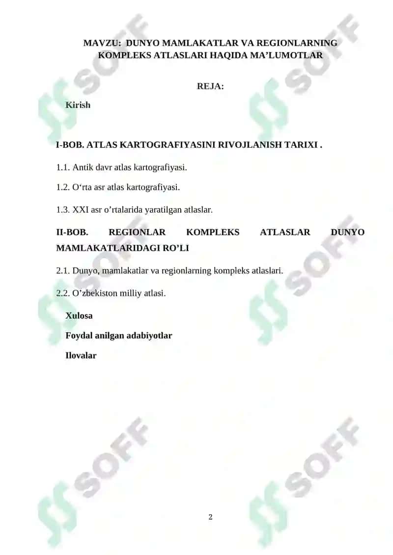 DUNYO MAMLAKATLAR VA REGIONLARNING KOMPLEKS ATLASLARI HAQIDA MA’LUMOTLAR 2