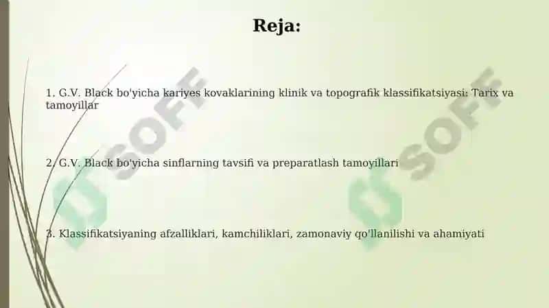 G.V. Blek bo'yicha karies kovaklarining klinik-topografik tasnifi 2