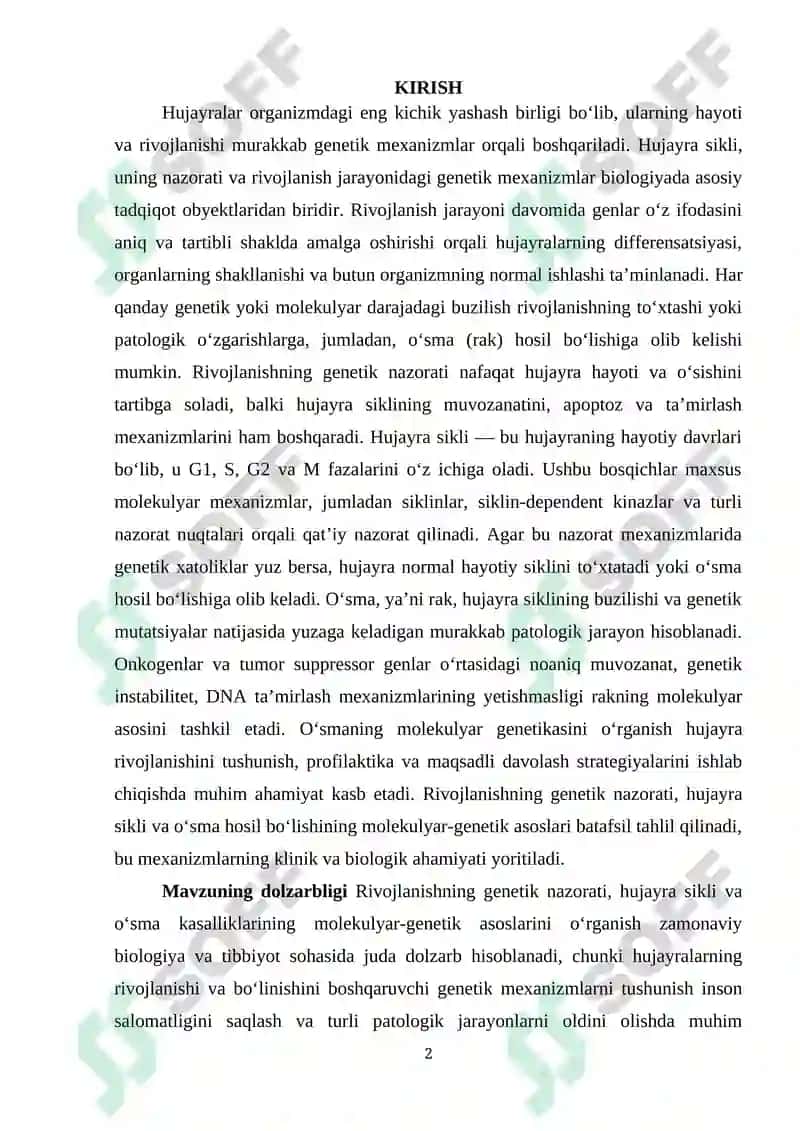 Rivojlanishning genetik nazorati. Hujayra sikli va ósma ( rak) ning molekulyar genetikasi. 2