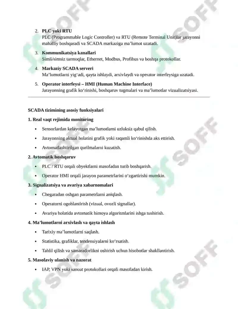 SCADA tizimining funksiyalari va qo‘llanilishi 2