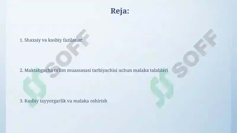 Maktabgacha ta’lim tashkiloti tarbiyachisiga qo’yilgan Malaka talablari 2