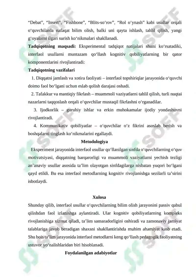 Kognitiv qobilyatlarni rivojlantirishda interfaol usullarning samaradorligi.(Eksperimental o'rganish) 2