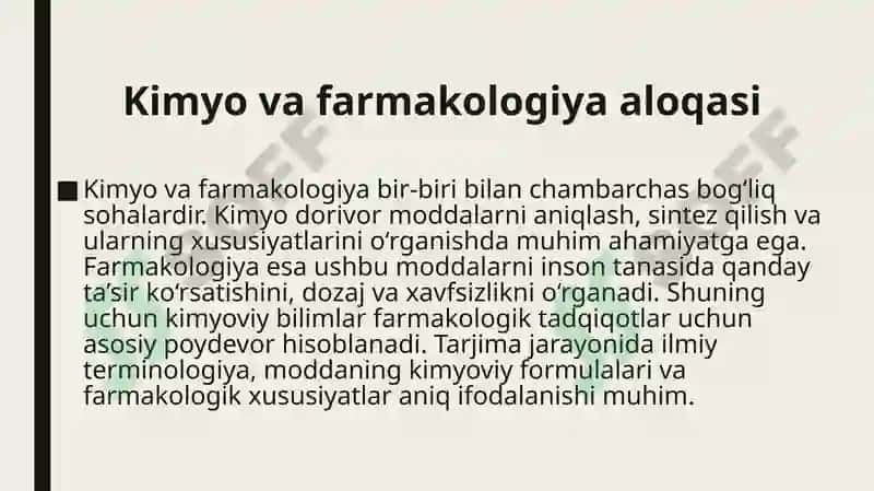 Kimyo va farmakologiyasohalariga oid matnlar tarjimasi 2