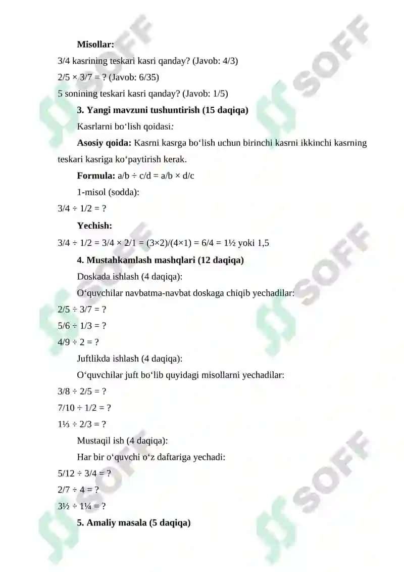 5-sinflar uchun kasrlarni boʻlish 2