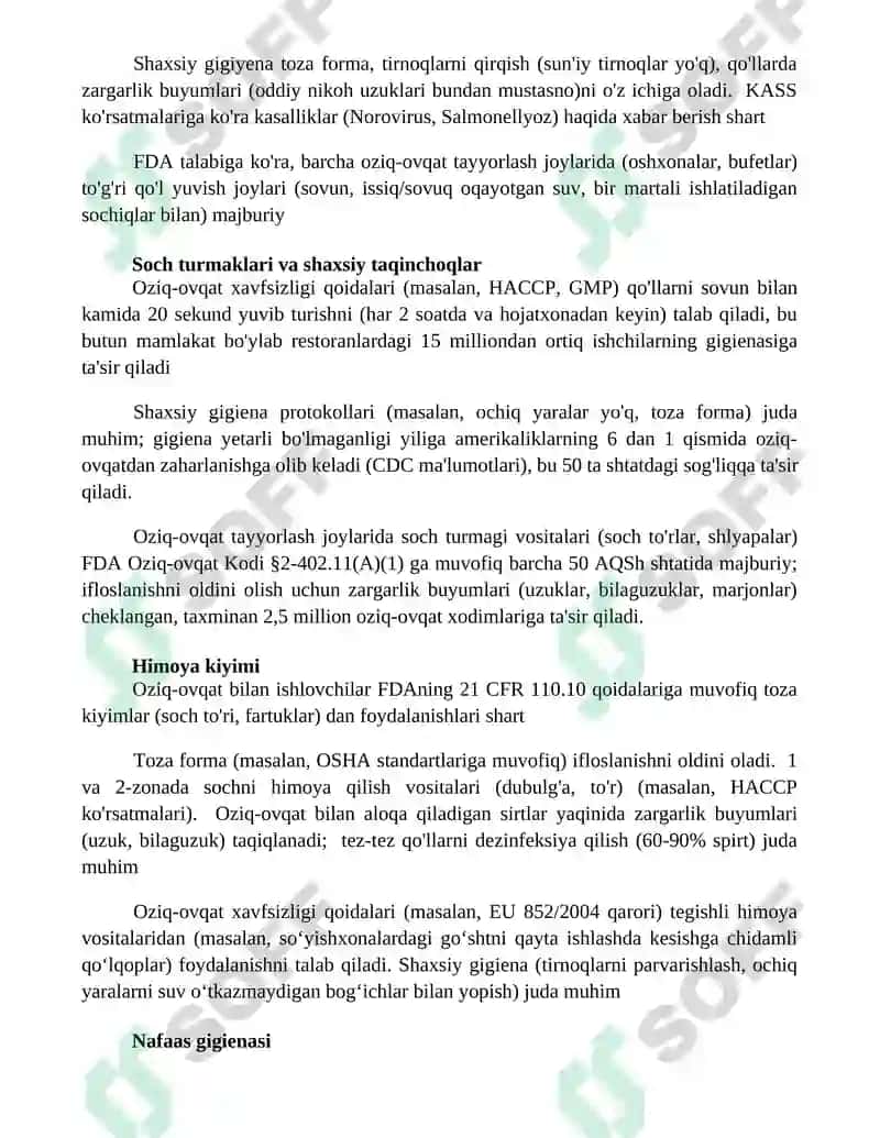 Oziq-ovqat korxona xodimlari shaxsiy gigienasiga qoyiladigan talablar 2
