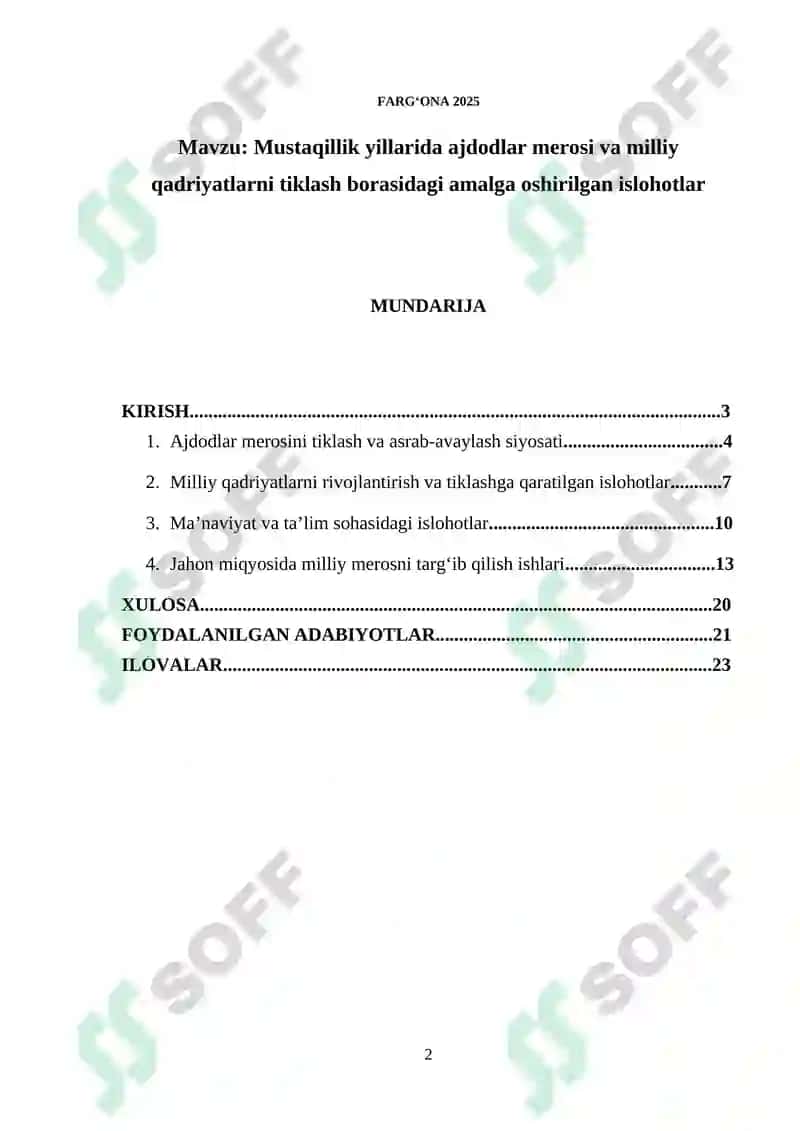 Mustaqillik yillarida ajdodlar merosi va milliy qadriyatlarni tiklash borasidagi amalga oshirilgan islohotlar 2