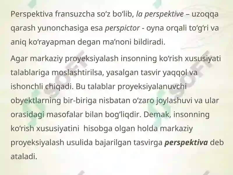 Perspektiva turlarining mazmunini amaliy jihatdan tahlil qilish. Peresktivaning geometrik apparatini va uning terminallarini o’zlashtirish 2